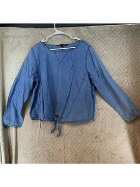 Lee Shape Illusions Blouse Womens XL Chambray Tie Front Long Sleeve 100% Cotton